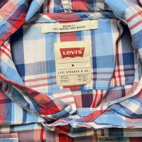 Levis Modern Fit Hooded Button Up L/S Shirt Mens Medium Red White Blue Plaid - Picture 5 of 16